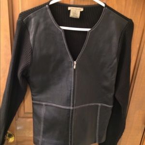Black leather and knit fabric sweater
